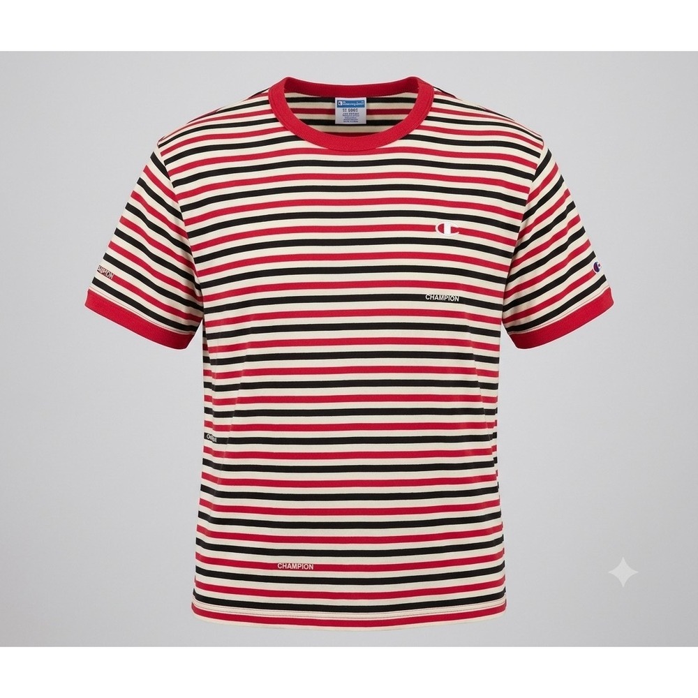 Champion Striped Ringer T Shirt Mens 2XL Red Black Repeat Logo Streetwear Tee